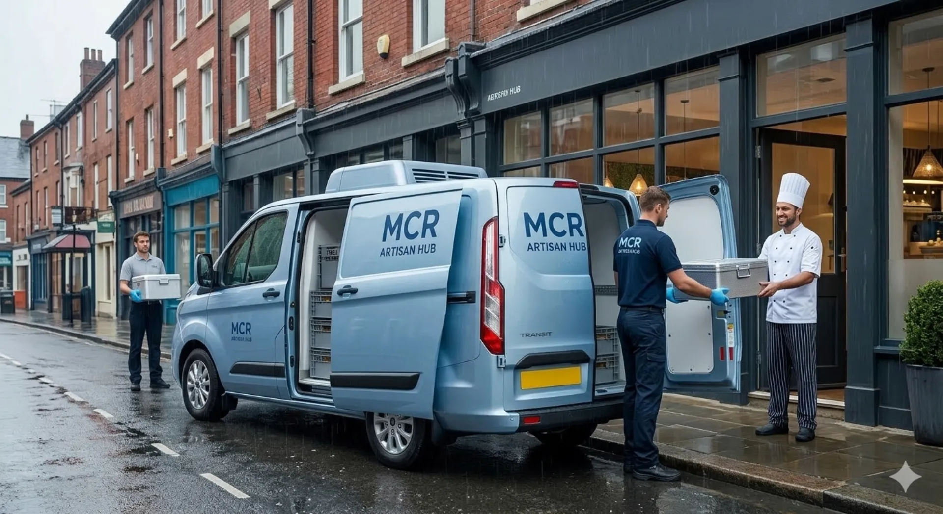 Hauliv branded refrigerated delivery van making a drop at a Manchester restaurant, driver handing insulated box to chef