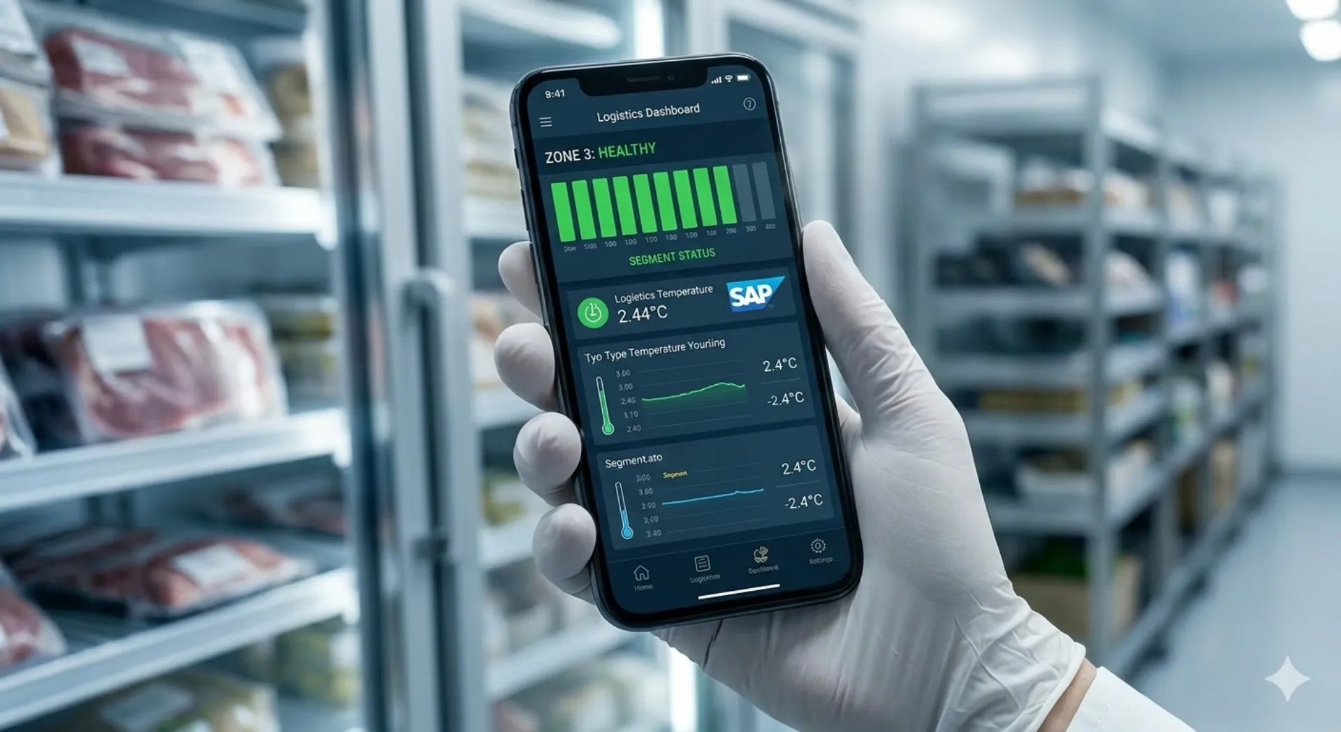 SAP logistics dashboard on mobile phone showing real-time temperature monitoring at 2.44°C in cold storage facility